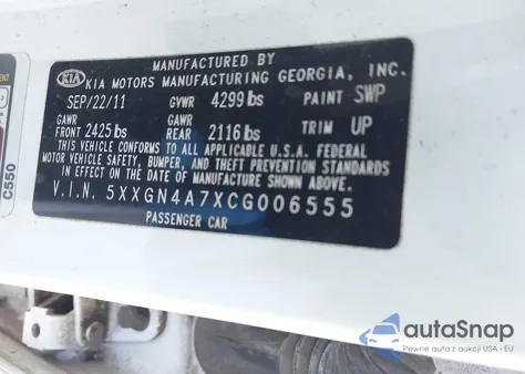 2012 Kia Optima Ex z USA, uszkodzony, nr VIN 5XXGN4A7XCG006555